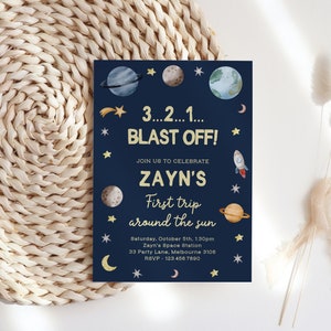 Editable Outer Space First Birthday Invitation Blast Off Galaxy First Trip Around The Sun Download Printable Template Digital Invite Z292