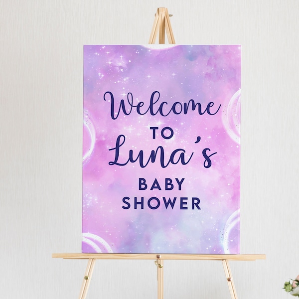 Galaxy Welcome Sign, Outer Space Pink Purple Neon Stars Editable 18x24 Signage Girls Birthday or Baby Shower Instant Download Party DIY Z331
