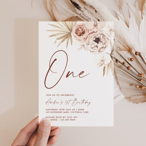 Invitación de cumpleaños de peonía para niñas, tonos neutros florales secos Boho Boho, editable imprimible, descarga instantánea, invitación a fiesta DIY Mié02