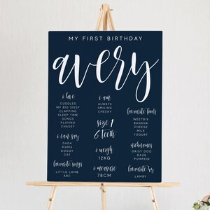 Modèle modifiable de signe d'étape importante pour le 1er anniversaire, script bleu marine imprimable téléchargement immédiat DIY baby souvenir stats Poster Board Z137