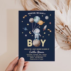 Editable Space Baby Shower Invitation Template Galaxy Outer Space It's a Boy Blue Planets Houston Moon Invite Instant Download Digital Z292