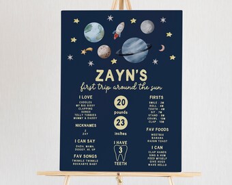 Outer Space Birthday Milestone Sign First Trip Around the Sun Boy 1st Birthday Astronaut Galaxy Planets Printable Template Poster Sign Z292