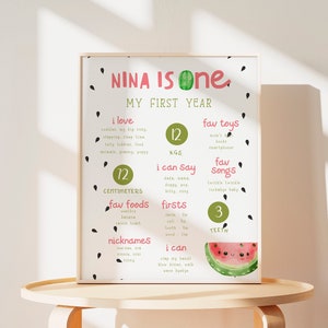 Affiche marquante du 1er anniversaire, modifiable un dans un melon pastèque stats signe enfants filles téléchargement immédiat bricolage souvenir numérique Z327