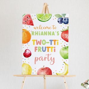 Signo de bienvenida de Tutti Frutti, plantilla editable imprimible DIY Descarga instantánea Fruta Dulce Plátano 1º 2º 3º Cumpleaños Cartel de entrada Z341