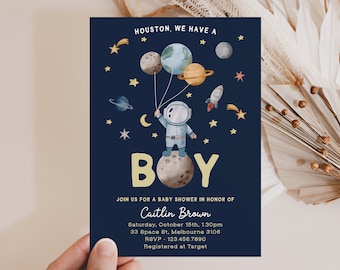 Editable Space Baby Shower Invitation Template Galaxy Outer Space It's a Boy Blue Planets Houston Moon Invite Instant Download Digital n292