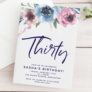 Floral Invitation Editable Template, Printable Instant Download Birthday Party Womens 30th 40th 50th Purple Pink Blue Watercolor Invite Z174