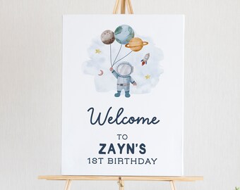 Bewerkbare ruimte verjaardag welkom teken 1e verjaardag jongen planeet Galaxy astronaut ruimte verjaardagsfeestje decor afdrukbare sjabloon Z292