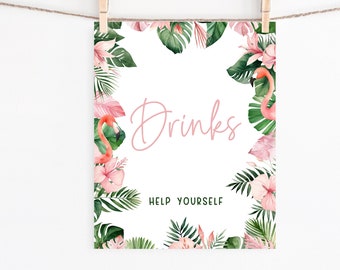May include: A white sign with a pink floral border and pink flamingos. The sign says "Drinks" and "Help Yourself".