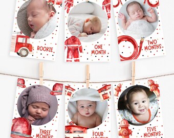 Banner fotográfico mensual de camión de bomberos, plantilla editable, descarga instantánea, bricolaje, bombero, primer año, bebé, guirnalda decorativa Z358