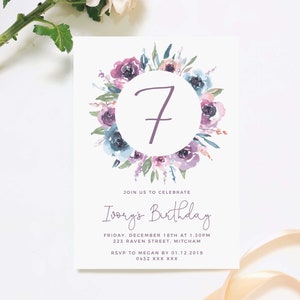 Invitación de cumpleaños de corona floral, plantilla editable bastante púrpura para niños niñas invitación de flor moderna imprimible descarga instantánea DIY Z138