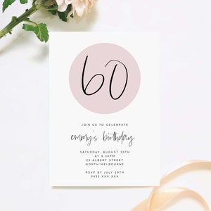 Invito di compleanno moderno, modello modificabile minimalista Download immediato stampabile Compleanno Invito da donna rosa pastello 60esimo 70esimo 80esimo Z170