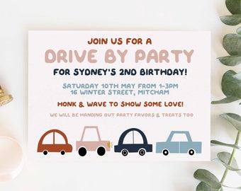 May include: A colorful invitation for a drive-by party for a child's 2nd birthday. The invitation features a cartoon illustration of cars in red, pink, blue, and light blue. The text reads "Join us for a Drive By Party for Sydney's 2nd Birthday! Saturday 10th May from 1-3pm 16 Winter Street, Mitcham Honk & Wave to Show Some Love! We will be handing out party favors & treats too."