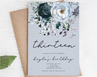 Teen Birthday Invitation, Navy Blue Watercolor Floral Editable Template Girls 13th 14th 15th Printable Instant Download Feminine Invite Z154