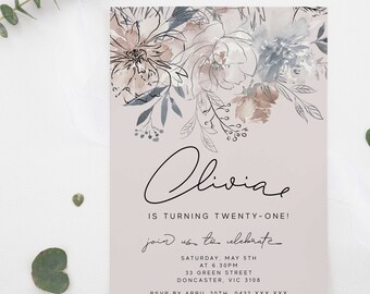 Floral Invitation Editable Template, Modern Watercolor Blush Pink Wildflower for Girls Women 21st 30th 40th Birthday Printable Download Z145