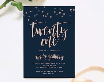 Birthday Invitation Editable Template, Modern Navy Blue Gold Sparkle Milestone 18th 20th 21st for Boys Girls Printable Instant Download Z159