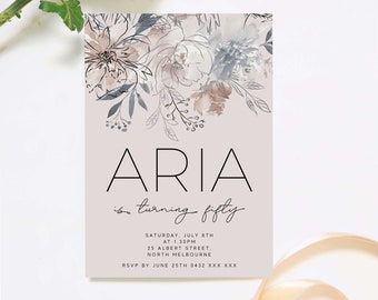 Floral Birthday Invitation, Editable Template Printable Instant Download Elegant Modern Women Feminine Blush Pink Wildflower Watercolor Z31