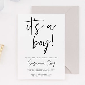 Modern Baby Shower Invitation Editable Template, Printable Instant Download Minimalist Script It&#39;s a Boy Editable Text Invite DIY B65