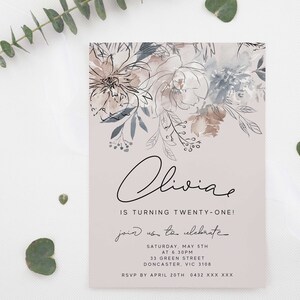 Blumeneinladung bearbeitbare Vorlage, modernes Aquarell Blush rosa Wildblume für Mädchen Frauen 21.30.40.Geburtstag Printable Download Z145