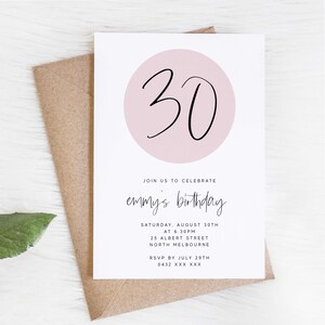 Invito di compleanno moderno, modello modificabile minimalista Scarica stampabile Festa di compleanno Fai da te Rosa pastello Invito per donna 30° 40° 50° Z170