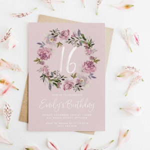 Sweet 16 Einladung, modernes Blush rosa Blumenkranz-Bearbeitbares Aquarell Blumenmädchen 16.Geburtstag Printable Sofortiger Download Digital Z134