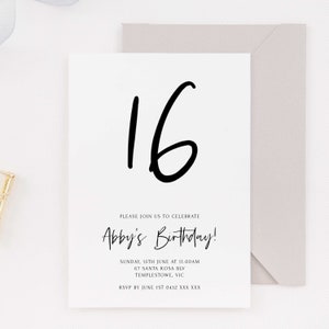 Faire-part 16e anniversaire, modèle modifiable écriture simple Sweet Sixteen, minimaliste moderne imprimable téléchargement immédiat numérique neutre Z135