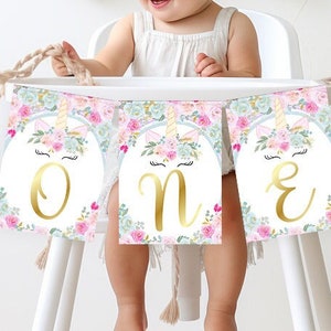 Unicorn High Chair Banner Template, 1st Birthday ONE Bunting Pink Purple Gold Floral Editable Instant Download Baby Girl First Birthday Z325