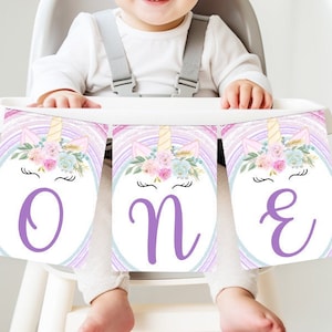 Unicorn High Chair Banner Template, 1st Birthday ONE Bunting Pink & Purple Floral Editable Instant Download Baby Girl First Birthday Z325