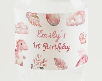 Etiqueta para botella de agua con diseño de dinosaurio, con diseño floral rosa para niñas, editable, imprimible, para baby shower, cumpleaños, descarga instantánea, decoración personalizada DIY Z347