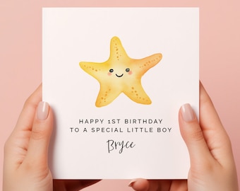 1st Birthday Card for Little Boy, Happy 1st Birthday to a Special Little Boy, Starfish Theme Editable Printable Card Personalised Square