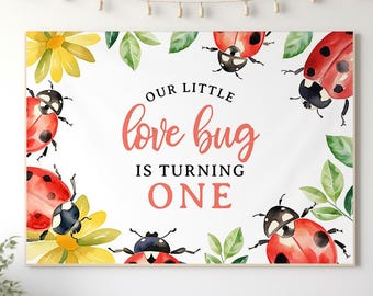 Banner de fondo con diseño de insectos de amor, plantilla editable, imprimible, descarga instantánea, bricolaje, decoración para fiesta de cumpleaños de niñas, tamaño grande: 30 x 40, 40 x 50, z359