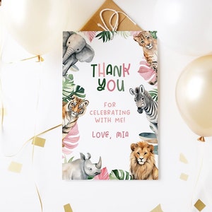 Etiqueta de agradecimiento de Safari, plantilla editable imprimible Descarga instantánea DIY Kids Girls Party Animal Jungle Zoo Pink Leaves Gift Favor Labels Z344