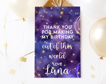 Galaxy Thank You Tags, Neon Glow Editable Printable Instant Download, DIY Cosmic Starry Universe, Purple Party Favor Tag for Kids Girls Z330