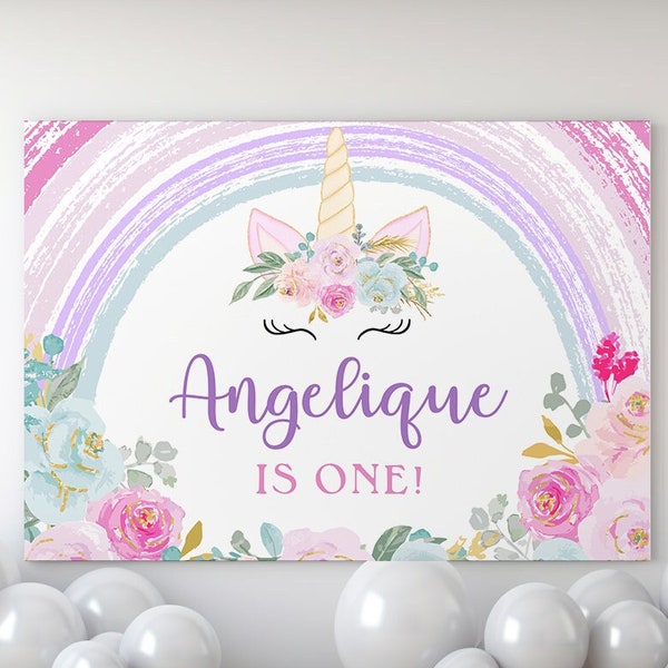 Editable Unicorn Birthday Backdrop, Instant Download Printable Rainbow Floral Pink Gold Purple Large Party Banner Magical Kids Decor Z325