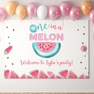 Watermelon Backdrop Banner, Editable 30x40 Pink Melon Birthday Baby Shower Decor One in a Melon 1st Birthday Printable Instant Download Z328