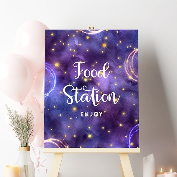 Birthday Food Station Sign, Galaxy Outer Space Kids Girls Neon Glow, Editable Printable Instant Download, DIY Cosmic Party Decor Sign Z330