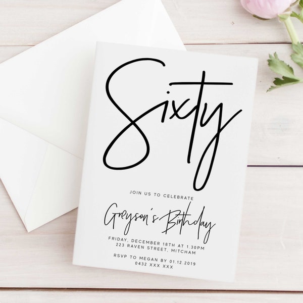 Editable Simple 60th Birthday Party Invitation Download Printable Digital Template Modern Minimalist White Men Women Sixtieth Invite Z126
