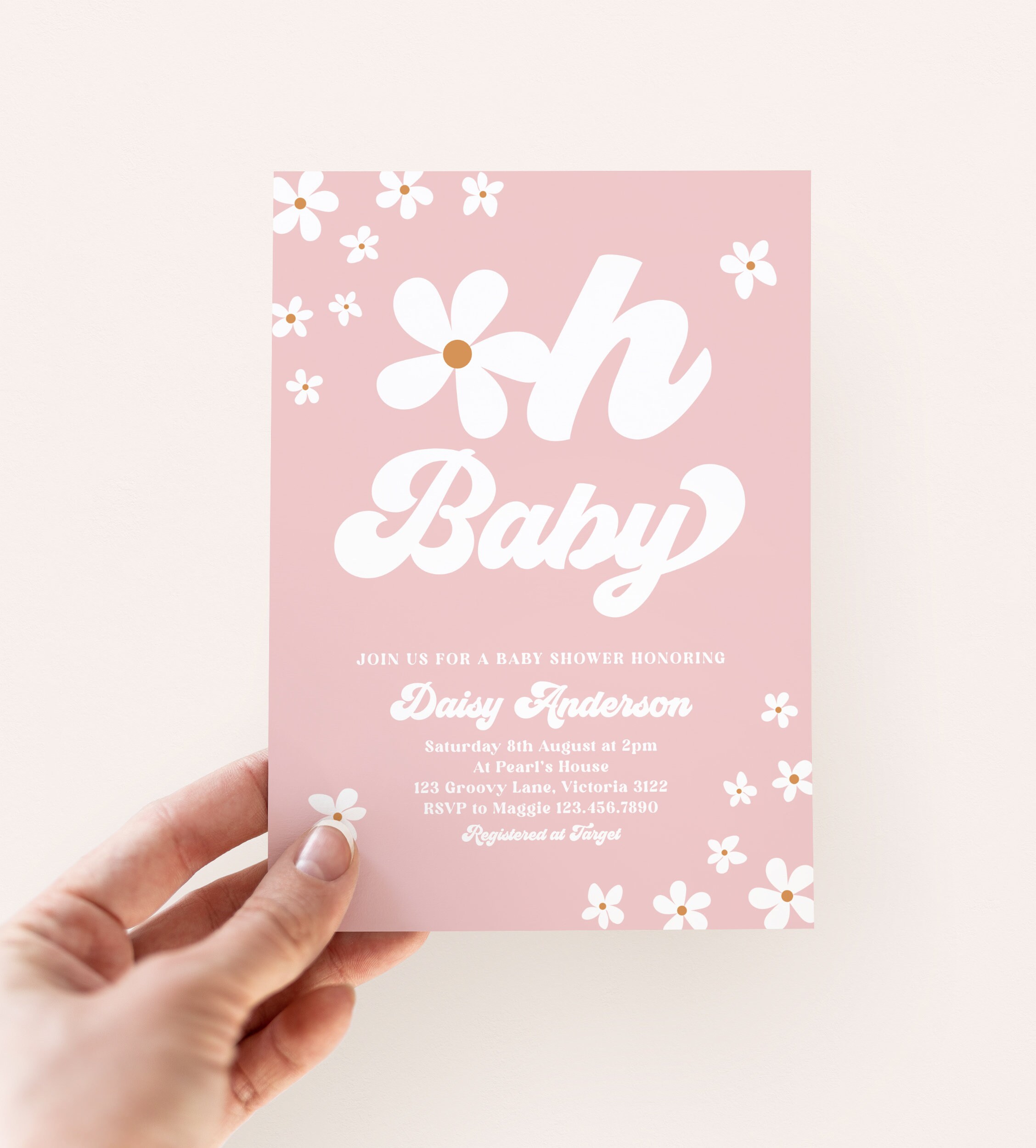 Daisy Baby Shower Invitation Template, Retro Groovy 70s Pink