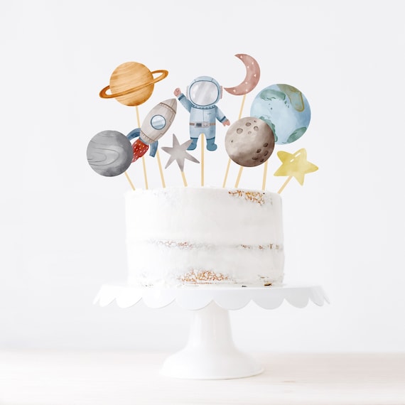 Printable Space Cake Topper Space Birthday Party Centrepiece Galaxy Table Decor Boy Astronaut Watercolor Planets Digital DIY Party Z292