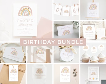 May include: A printable birthday party bundle featuring a rainbow theme. The bundle includes invitations, thank you tags, a time capsule, a welcome sign, and other decorations. The colours are pink, yellow, and brown.