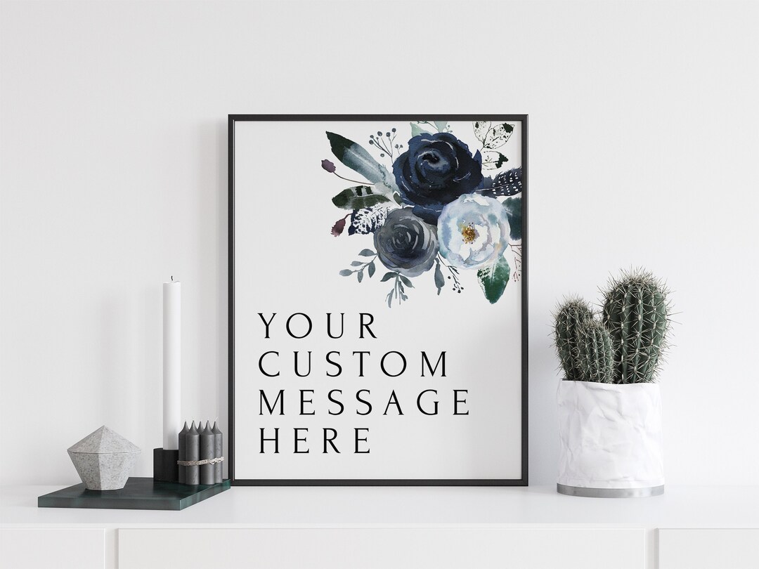 Floral Wedding Custom Sign Printable, Modern Minimalist Watercolor Navy ...