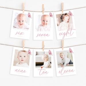 1st Birthday Photo Milestone Banner, Editable Printable Instant Download Pastel Pink Butterfly Theme Whimsical Girls Party Decor DIY Z314