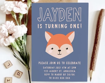 May include: A blue invitation card with a fox illustration and the text "JAYDEN IS TURNING ONE!"  The invitation details a birthday party with the date, time, address, and RSVP information.