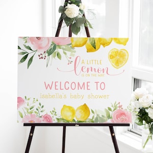 Citroen welkom teken voor baby shower, roze bloemen citrus 18 x 24 bewerkbare afdrukbare DIY Instant Download lente zomer fruit meisjes decor Z340