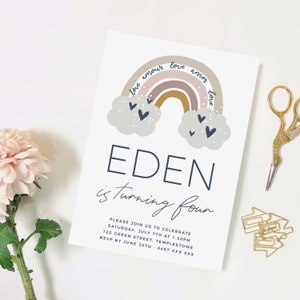 Invitation d'anniversaire arc-en-ciel, Boho Pastel imprimable coeur imprimable Téléchargement instantané Blush Pink & Navy Blue Girls Party Invite Template Z75
