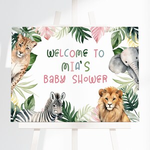 Sinal de boas-vindas para chá de bebê para meninas, animais da selva editáveis para impressão DIY Download instantâneo Safari Zoo Animals Decoração de entrada para festa Z344