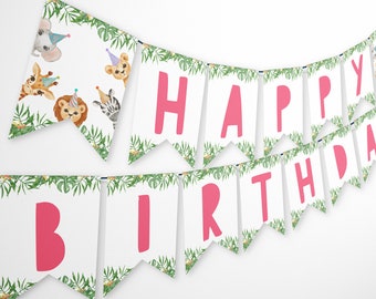 Happy Birthday Banner Garland Template, Safari Animals Pink Wild One Party Animals Birthday Party Zoo Decoration, Printable Digital DIY Z293