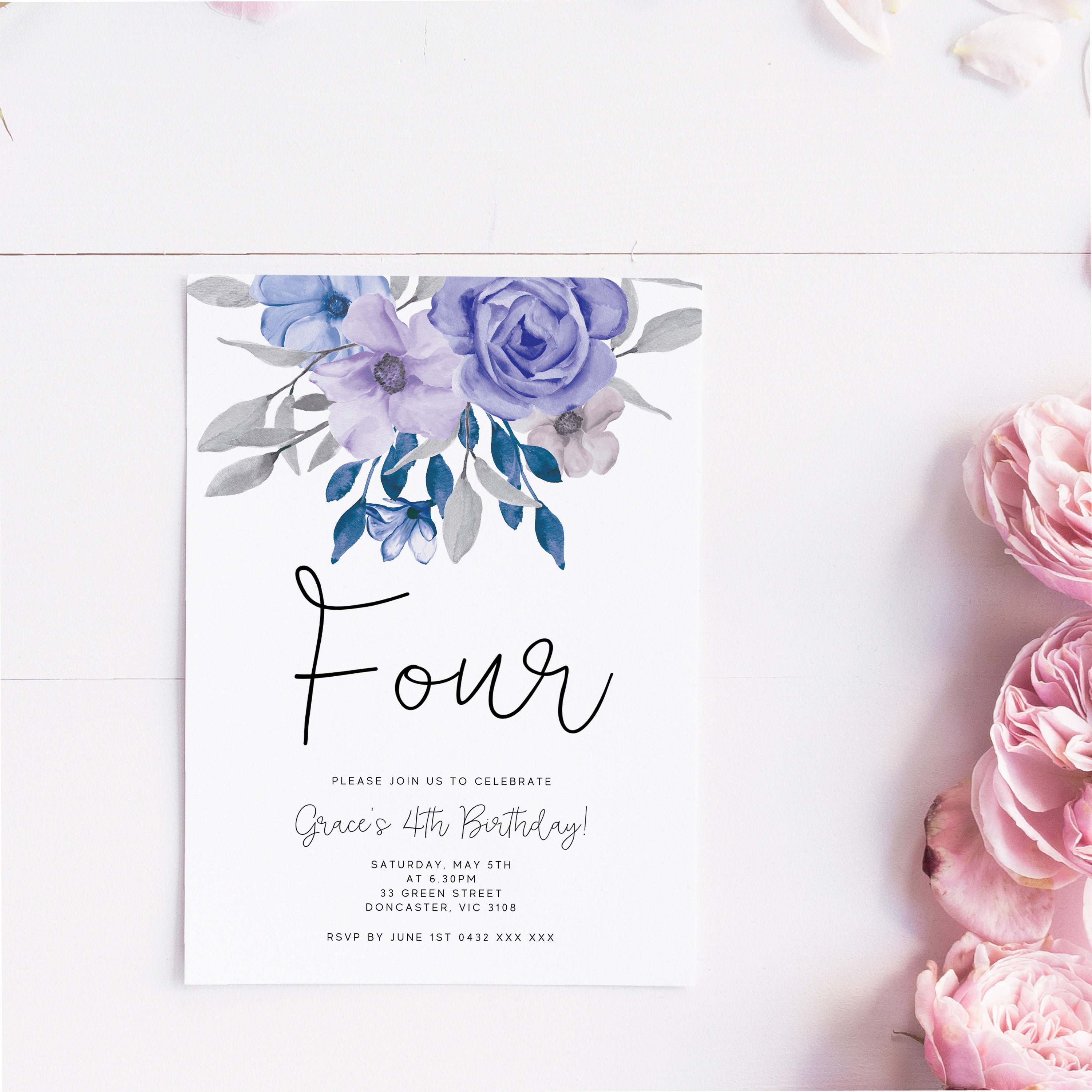 Purple Floral 4th Birthday Invitation Template Watercolor Violet Floral Birthday Invite Fully Editable CORJL Template FOUR Birthday A47