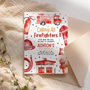 a card with a firetruck and firetrucks on it