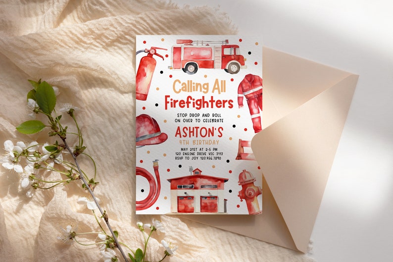 a card with a firetruck and firetrucks on it