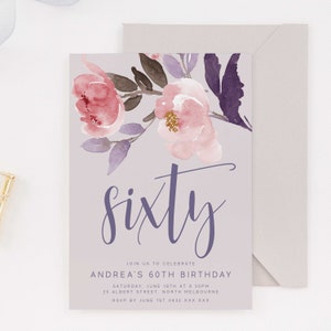 Editable Floral 60th Birthday Party Invitation Download Printable Digital Template Modern Girls Blush Pink Watercolor Flower Bday Invite Z35